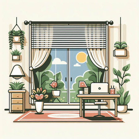 Modern interior of living room with window, furniture and plants. Flat vector illustration.のイラスト素材