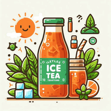 Vector illustration of smoothie in glass bottle with ingredients and sun.のイラスト素材