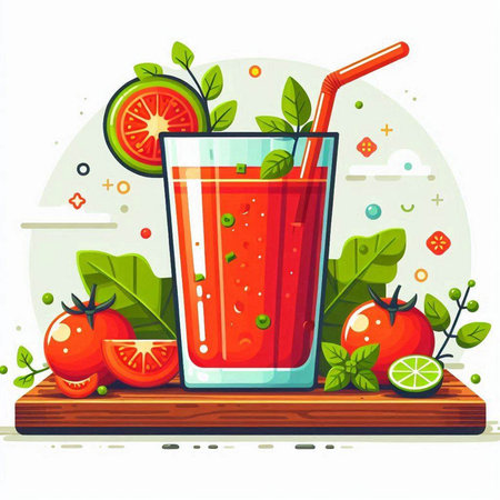 Tomato juice in a glass on a wooden board. Vector illustration.のイラスト素材