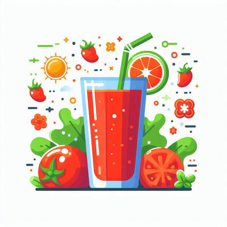 Vector illustration of a glass of fresh tomato juice with fruits and vegetables on a white background.のイラスト素材
