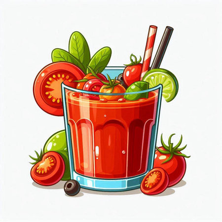 Tomato juice in a glass with a straw. Vector illustration.のイラスト素材