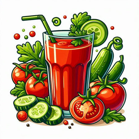 Glass of tomato juice with fresh vegetables on white background. Vector illustration.のイラスト素材
