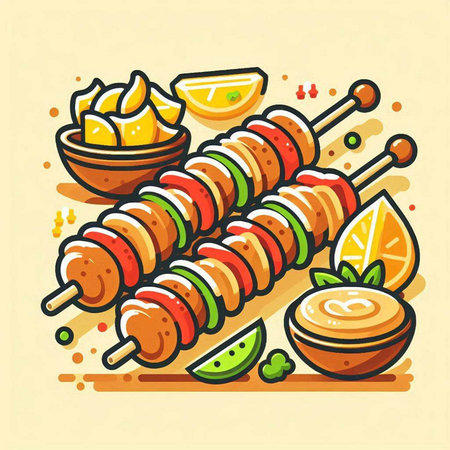 Vector illustration of barbeque with lemon slices and bbq sauceのイラスト素材