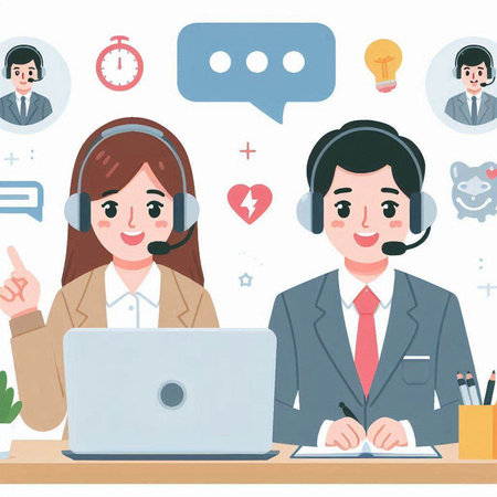 Call center operator and customer service agent. Vector illustration in flat style.のイラスト素材