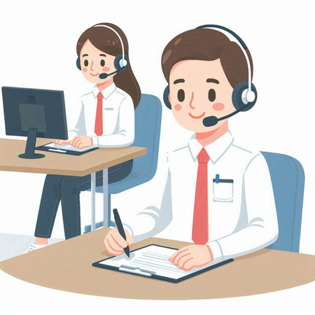 Illustration of a male and female receptionist in a call centerのイラスト素材