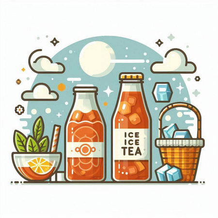 Vector illustration of a bottle of iced tea with ice cubes.のイラスト素材
