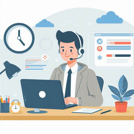 Vector illustration of customer support operator in headset working on laptop in office.のイラスト素材