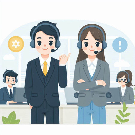 Call center operator with headset and customer support staff. Vector illustration.のイラスト素材