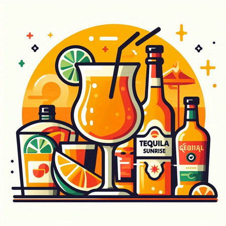 Cocktail bar. Vector illustration in flat design style. Alcoholic drinks.のイラスト素材