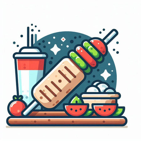 Vector illustration of fast food. Grilled kebab on skewer, tomato, cucumber and salad.のイラスト素材