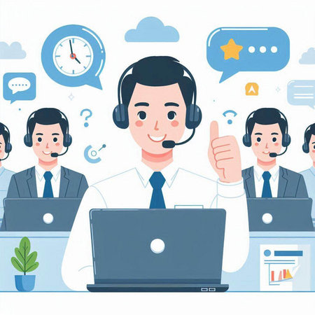 Call center operator with laptop and headset, customer service concept. Vector illustration.のイラスト素材