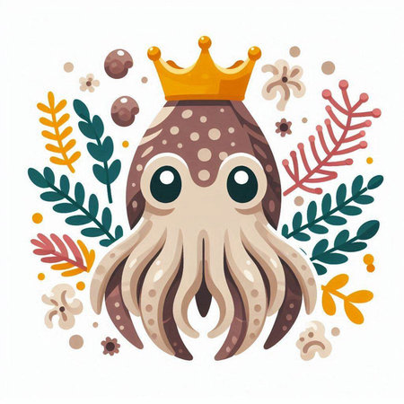 Cute cartoon octopus with crown and flowers. Vector illustration.のイラスト素材