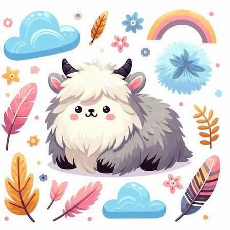 Cute cartoon dog with feathers, clouds and rainbow. Vector illustration.のイラスト素材