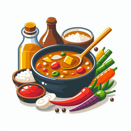 Soup with meat and vegetables. Vector illustration in cartoon style.のイラスト素材