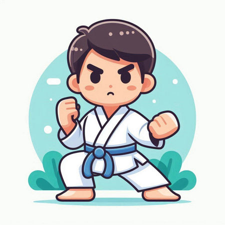 Taekwondo boy in kimono cartoon vector illustration.のイラスト素材