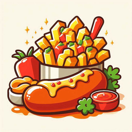 Vector illustration of a hot dog in a bowl with french fries.のイラスト素材