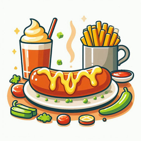Vector illustration of a hot dog on a plate with french fries.のイラスト素材