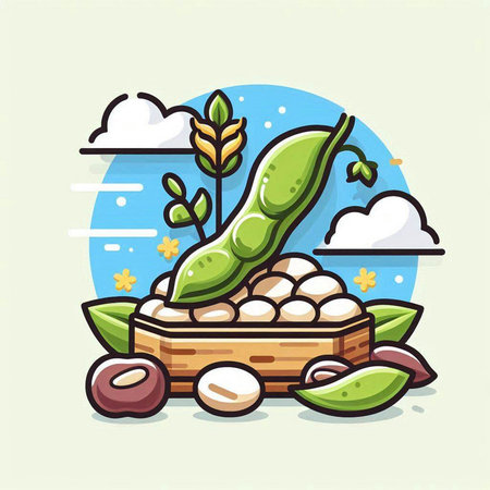 Soybean in a wooden box. Vector illustration in cartoon style.のイラスト素材