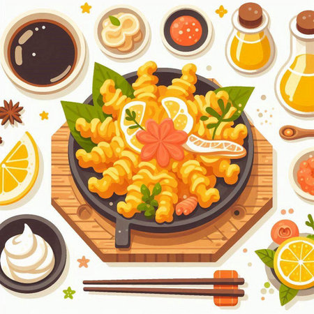 Fusilli pasta with sauce in a frying pan. Vector illustrationのイラスト素材