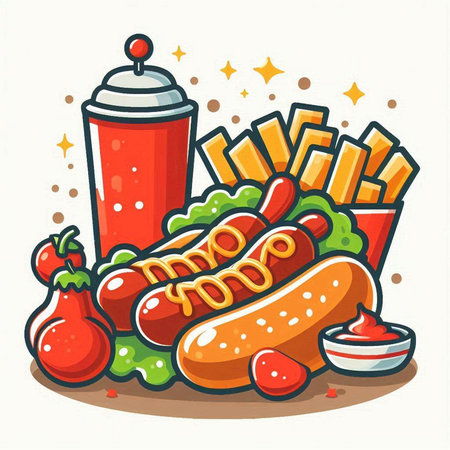 Fast food vector illustration. Hot dog, french fries and ketchup.のイラスト素材