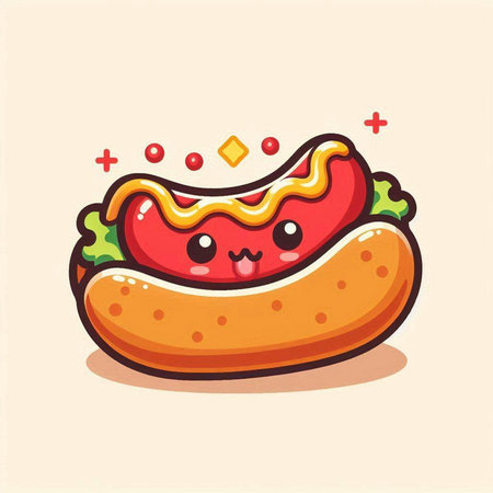 Cute hot dog cartoon vector illustration. Cute kawaii fast food character.のイラスト素材