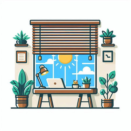 Illustration of home office interior with window, furniture and plants. Flat style vector illustration.のイラスト素材
