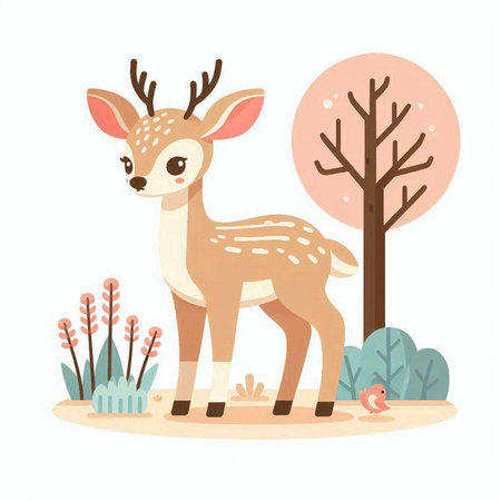 Deer in the forest. Cute cartoon animal. Vector illustrationのイラスト素材