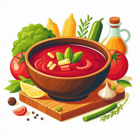 Tomato soup in wooden bowl with ingredients isolated on white background. Vector illustration.のイラスト素材