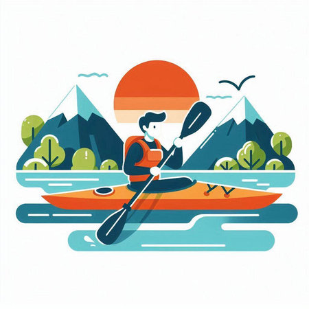 Kayaking in the mountains. Flat vector illustration on white background.のイラスト素材
