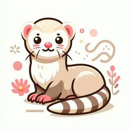 Cute raccoon sitting on the ground with flower. Vector illustration.のイラスト素材