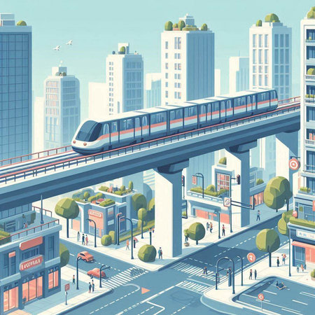 High-speed train in the city. Urban landscape. Vector illustrationのイラスト素材