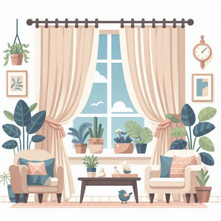 Living room interior with furniture and plants. Vector illustration in flat styleのイラスト素材
