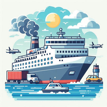 Cruise ship with cargo and passenger transport. Vector illustration in flat styleのイラスト素材