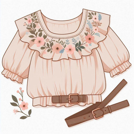 Vector illustration of women's blouse with floral pattern and belt.のイラスト素材