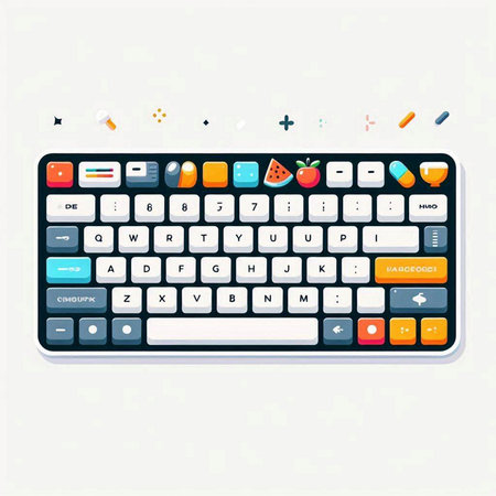 Modern computer keyboard with colorful icons on white background. Vector illustration.のイラスト素材
