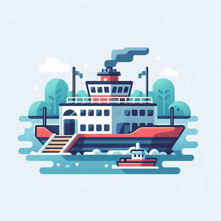 Vector illustration of a flat design of a cruise ship on the water.のイラスト素材