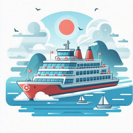 Cruise ship in the sea. Vector illustration. Eps 10.のイラスト素材