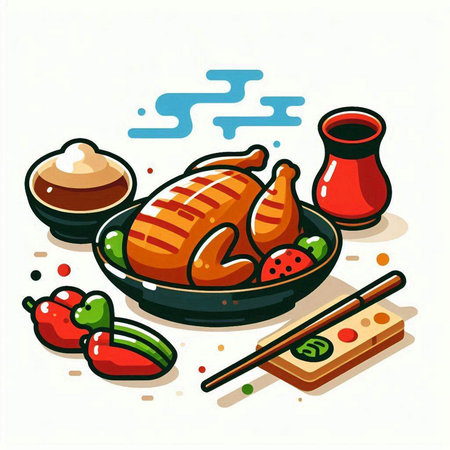 Illustration of roasted chicken on a plate with soy sauce and vegetablesのイラスト素材