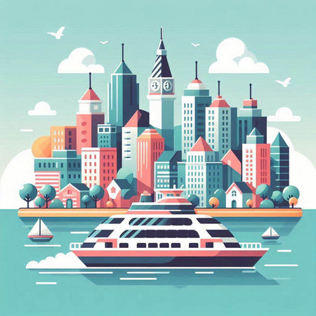 Cruise ship in the city. Vector illustration in flat style.のイラスト素材