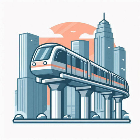 Modern high-speed train on the background of the city. Vector illustration.のイラスト素材