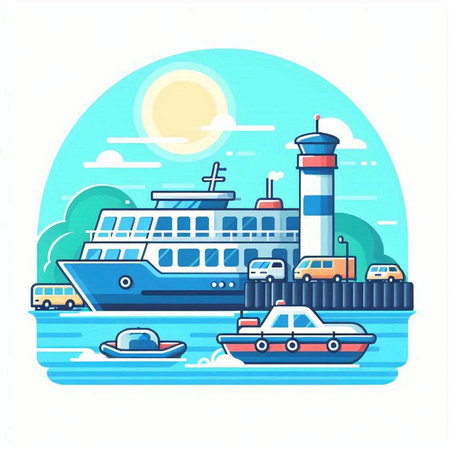 Cruise ship on the sea. Vector illustration in flat style.のイラスト素材