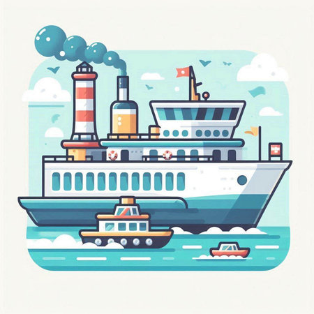 Cruise ship on the sea. Vector illustration in flat style.のイラスト素材
