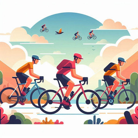 Cyclists riding in the park. Vector illustration in flat styleのイラスト素材