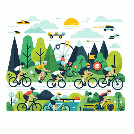 Cyclists riding on bicycles in the park. Flat vector illustration.のイラスト素材