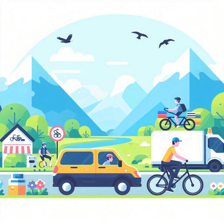 Delivery service flat vector illustration. Delivery man with bike and van delivering food.のイラスト素材
