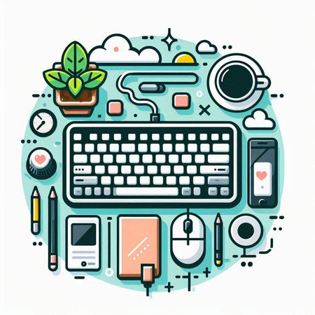 Flat design modern vector illustration concept of creative office desk workspace with computer keyboard, smartphone, coffee cup, plant and other objects.のイラスト素材