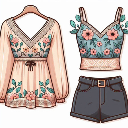 Set of women's blouse with floral pattern. Vector illustration.のイラスト素材
