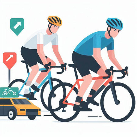 Cyclists on the road. Vector illustration in flat style.のイラスト素材