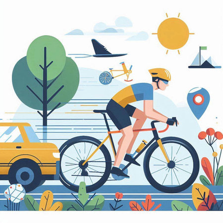 Cyclist riding bicycle in the park. Flat vector illustration.のイラスト素材