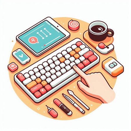 Workplace with keyboard, mouse, coffee and tablet. Vector illustrationのイラスト素材
